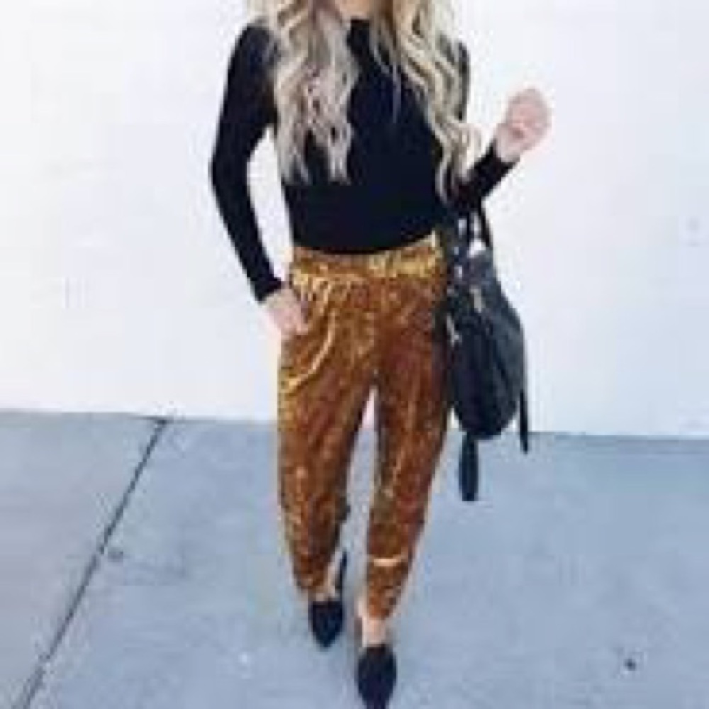 Gold stretch crushed velvet Leith pants